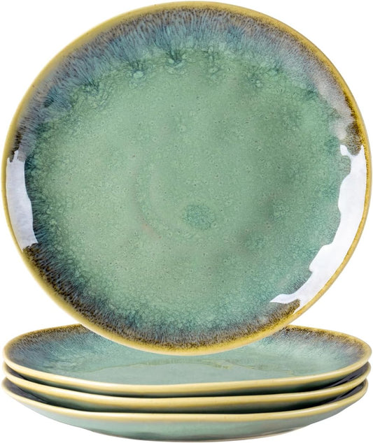 Henten Home Ceramic Dessert Plates, 8.5 Inch Salad Plate Set of 4, Porcelain Snack Serving Dishes for Cake, Kitchen, Microwave & Dishwasher Safe, Reactive Glaze (Green)