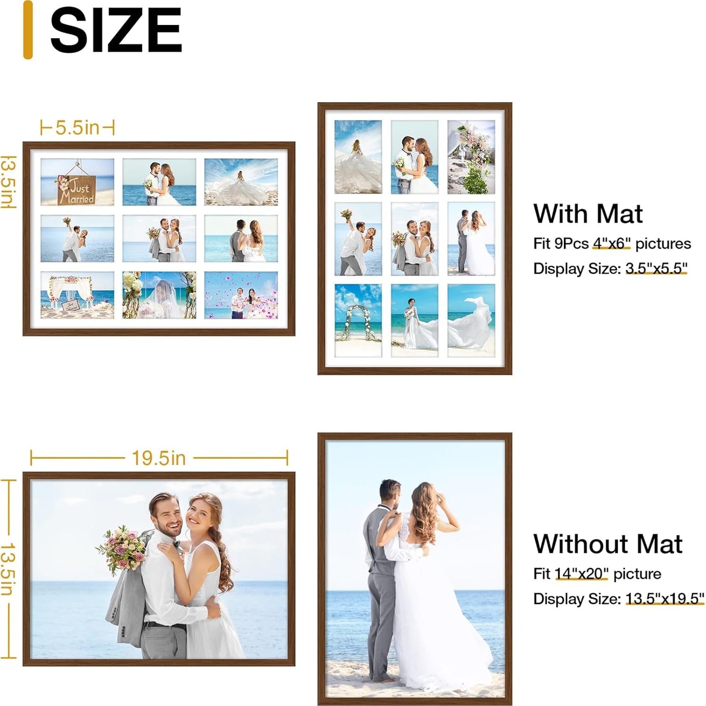 decorUhome 14x20 Picture Frames Collage Wall Decor, Display 9Pcs 4x6 Photos with Mat or 1Pcs 14x20 Unmatted, 9 4x6 Collage Picture Frames for Wall Mounting, Brown