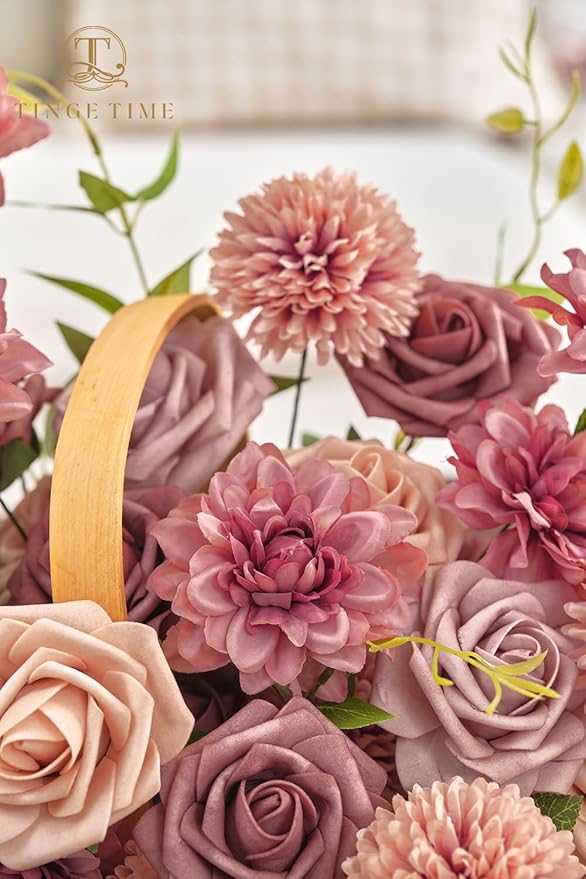 TINGE TIME Dusty Pink Flowers, Dusty Rose Fake Flower Leaf with Stems for DIY Wedding Bouquets Table Centerpieces Baby Shower Home Party Floral Arrangements Decorations