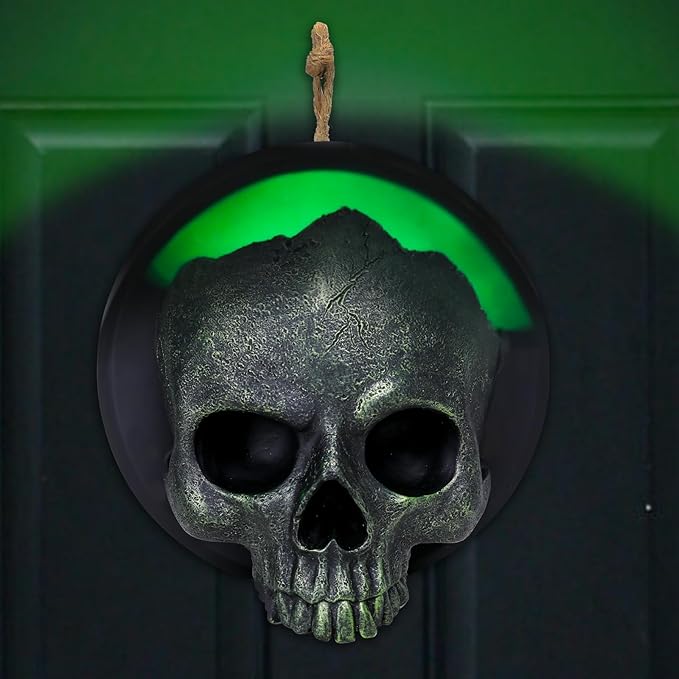 WONDER GARDEN 7.68 inch Halloween Skull Hanging Wall Decorations Light up Resin Green Gothic Skeleton Halloween Creepy Sculptures for Indoor Outdoor Office Horror Home Wall Decor