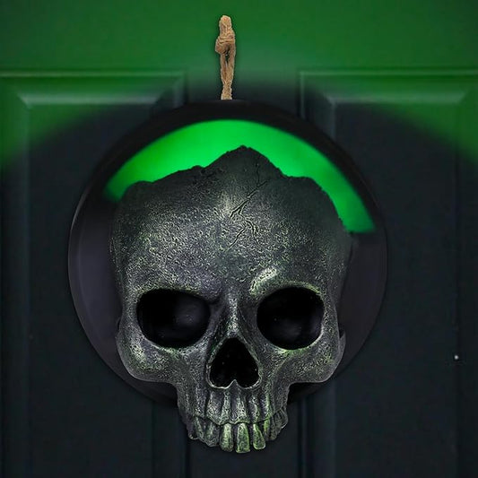 WONDER GARDEN 7.68 inch Halloween Skull Hanging Wall Decorations Light up Resin Green Gothic Skeleton Halloween Creepy Sculptures for Indoor Outdoor Office Horror Home Wall Decor