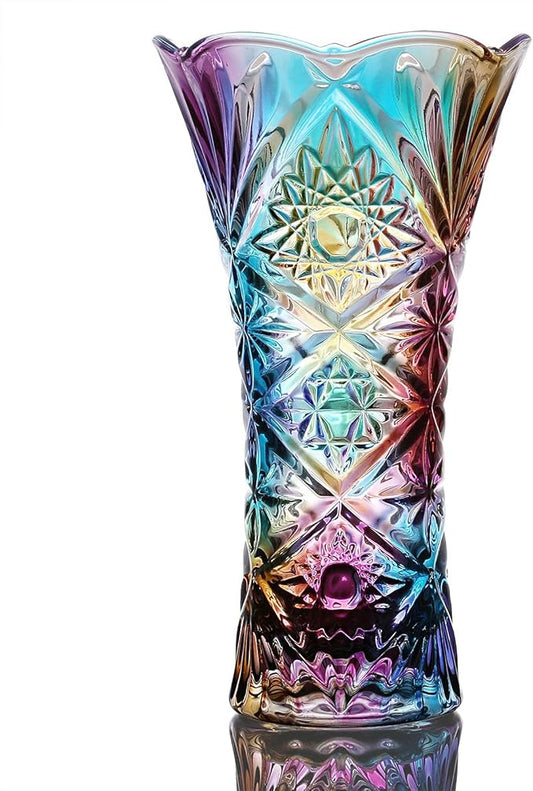 Glass Colorful Vase,Glass Flower Vase Decor for Home Dining Table Living Room,Office Wedding Holiday Party,Handmade Pattern(Sun Flower)