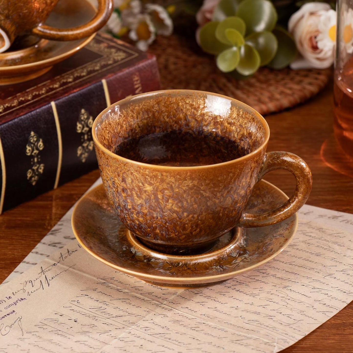 KAMMAK Tea Cups and Saucers Set of 2, Porcelain Coffee Cups, 4.3oz Crystalline Glaze Espresso Mugs, Ceramic Demitasse for Coffee, Cappuccino, Latte, Americano, Tea (Golden Crystal)