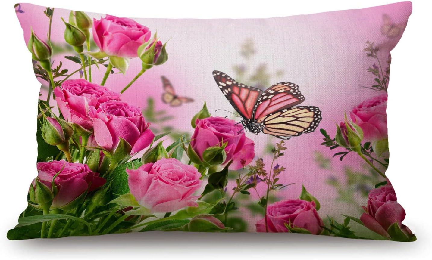 Flower Decor Butterfly Fliying on The Pink Rose Pillow Covers 12" x 20" Lumbar Pillow Covers Home Decorative Cotton Linen Cushion Case for Sofa Couch Housewarming Family Room Décor