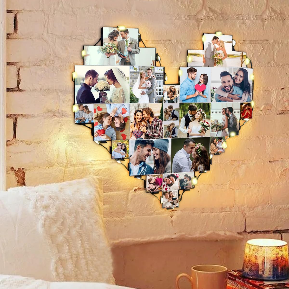 Heart Picture Frames Collage with custom 15 photo Wall Hanging Picture Frame with Led Light, Multi Photo Frame Collage for Family Pictures Wall Decor Gift For Mom Dad Father Lover Wife (15 photo)