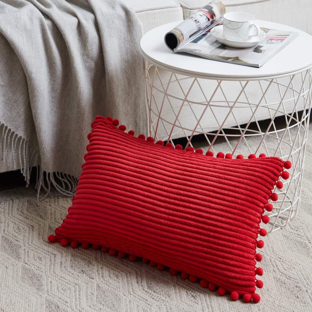 Fancy Homi Pack of 2 Christmas Rectangle Decorative Throw Pillow Covers with Pom-poms, Soft Corduroy Accent Solid Cushion Case Set for Couch Sofa Bedroom Car Living Room (12x24 Inch/30x60 cm, Red)