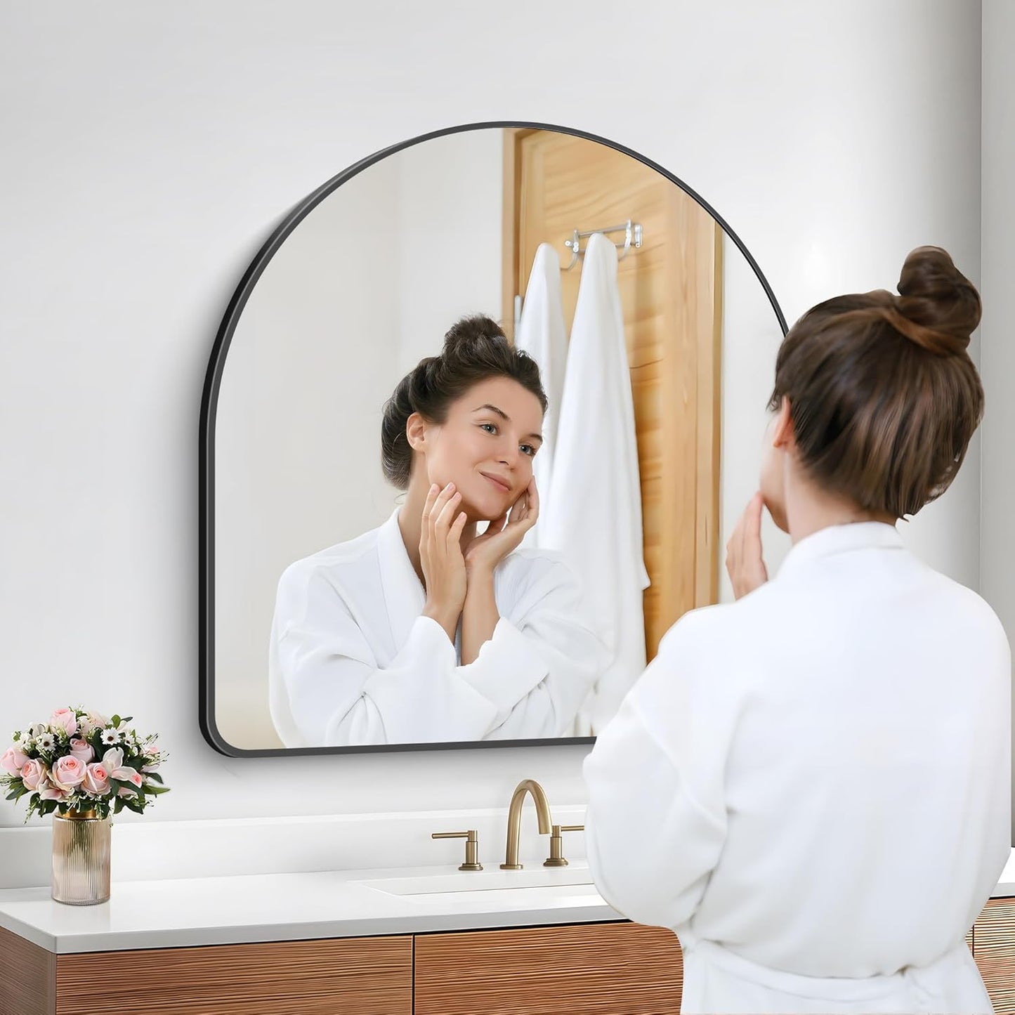 FORBATH Arched Bathroom Mirror 30x30 Inch, Bathroom Mirror Wall Mounted Modern Black Aluminum Frame Decor Dresser Mirror for Bedroom Living Room Entryway, Hanging or Leaning Against Wall