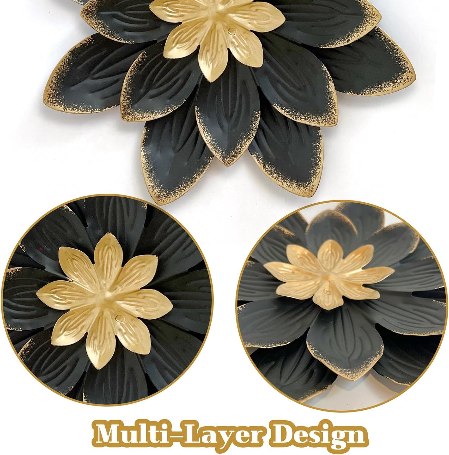 LIFFY 9.2“ Black and Gold Metal Flower Wall Art, Modern Rustic Floral Decor for Indoor Living Room Bedroom Office Outdoor Garden Patio Yard