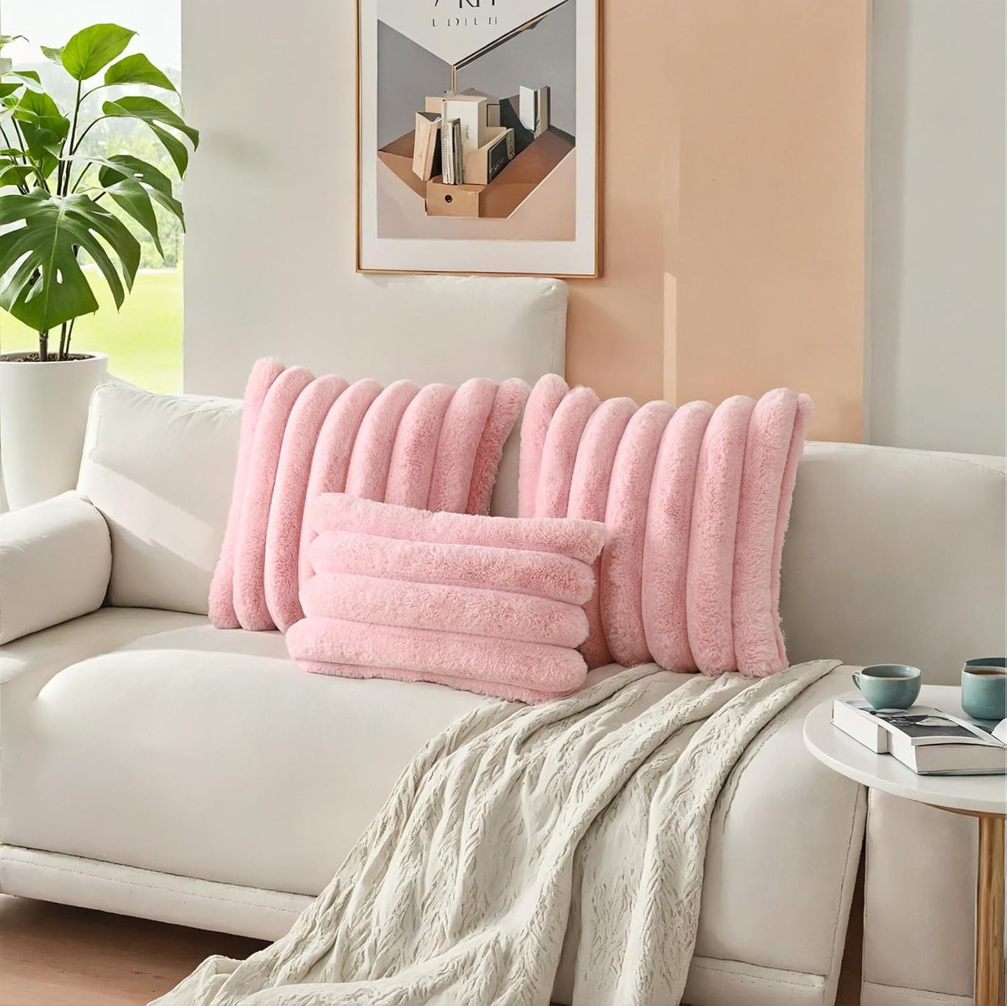 HAUSSY Faux Fur Throw Pillow Covers 18x18 Inch Set of 2,Decorative Striped Neutral Pillow Cases Soft Plush Couch Pillow Covers,Home Decor for Sofa,Bed, Living Room,Pink
