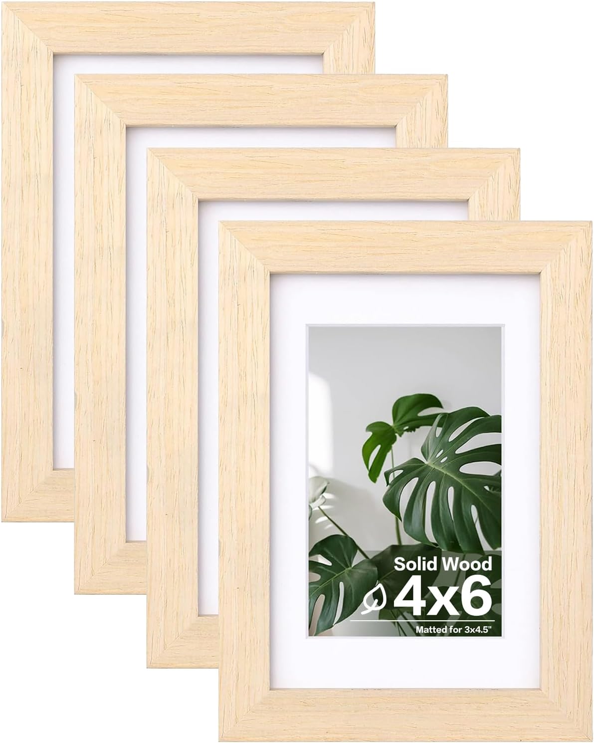 Egofine 4x6 Picture Frames Set of 4, Made of Solid Wood Covered by Plexiglass 3.5x5 with Mat or 4x6 without Mat, for Table Top Display and Wall Mounting Photo Frame Oak Wood