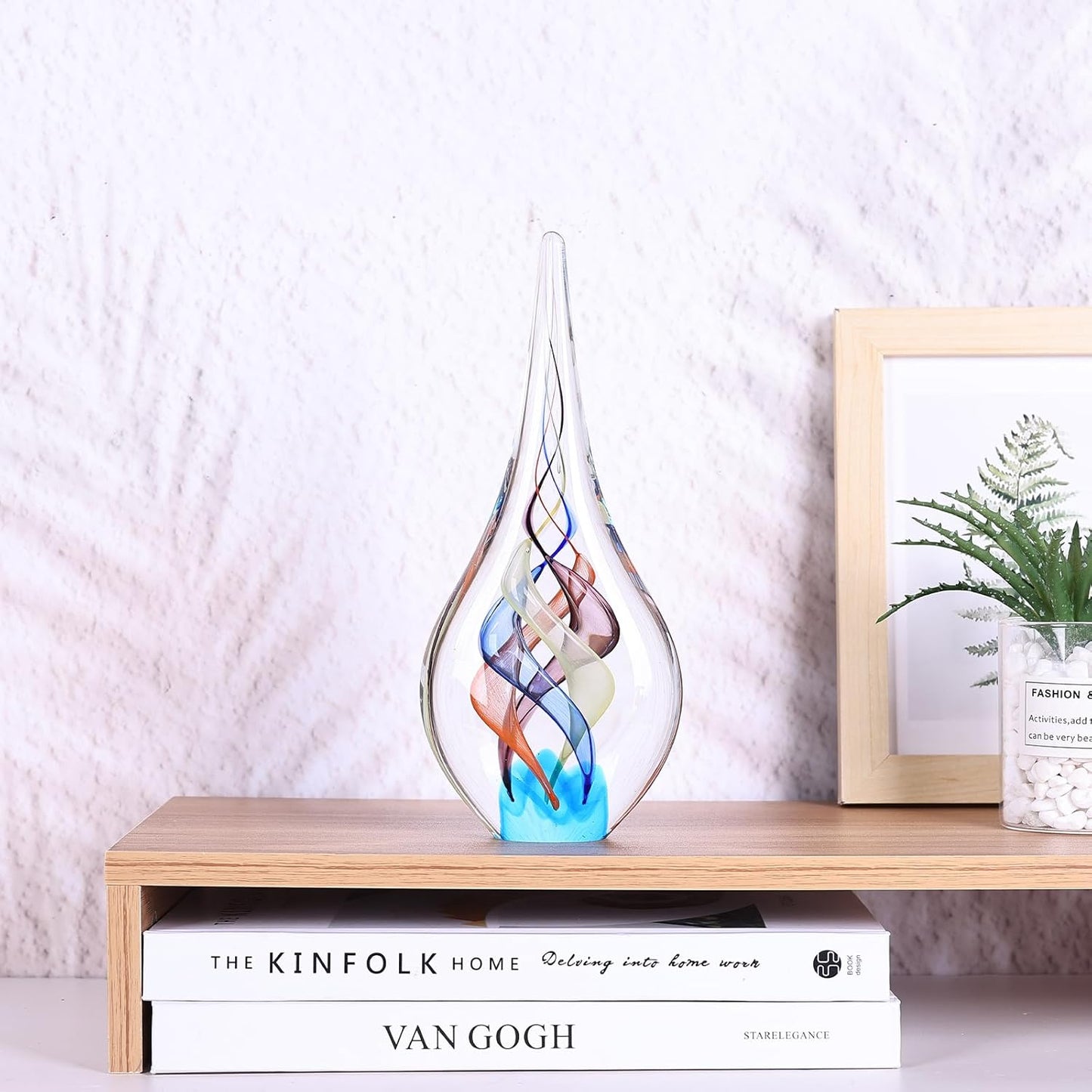 Blown glass sculpture, multi-color transparent glass art teardrop statue, unique ocean theme decoration for office, bookshelf, dresser, living room coffee table, fireplace countertop decoration.