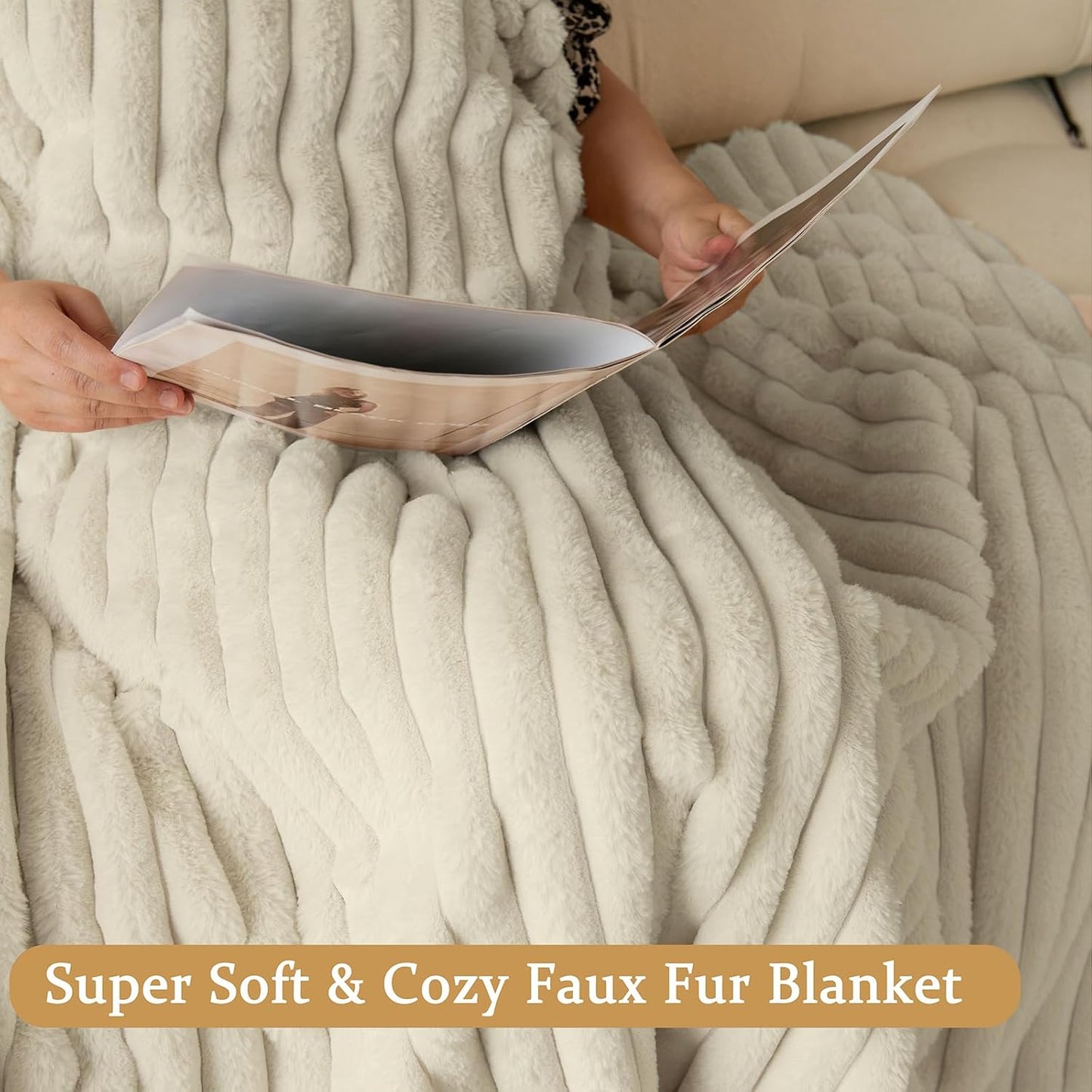 Beige Faux Fur Throw Blanket for Couch, Fuzzy Cozy Soft Warm Plush Striped Throw Blanket, Decorative Fluffy Winter Blanket for Sofa Chair Bed Living Room Home Decor, 60"x80"