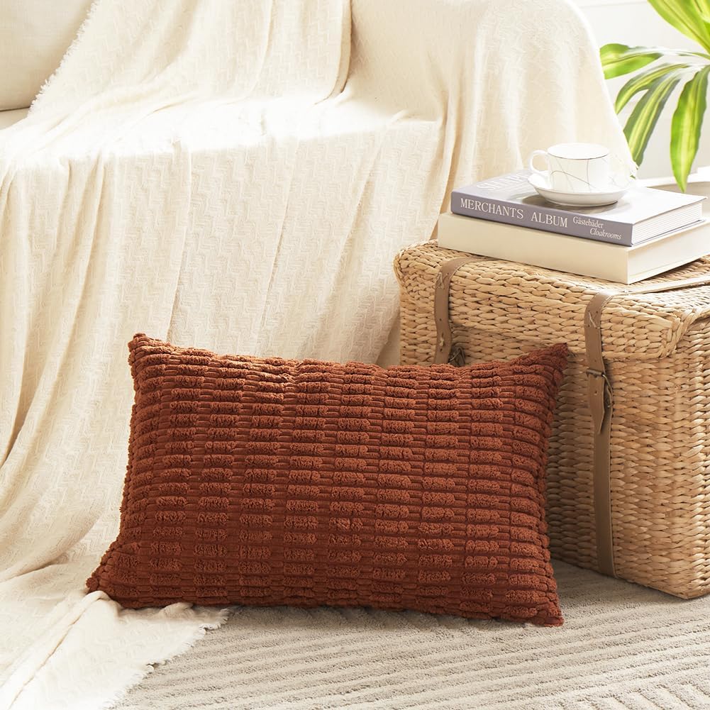 Fancy Homi Rust Decorative Throw Pillow Covers 14x24 Inch for Living Room Couch Bed Sofa, Rustic Farmhouse Boho Home Decor, Soft Striped Corduroy Rectangle Cushion Case 35x60 cm