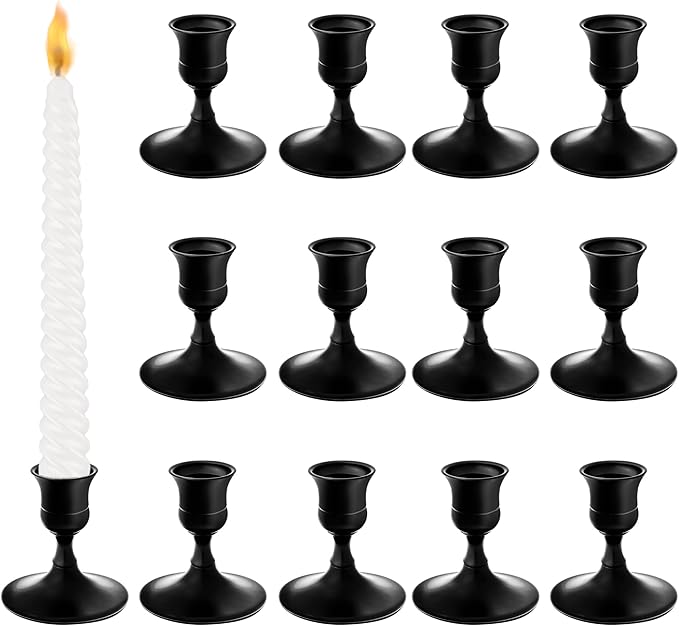 Vintage Black Taper Candle Holders, Set of 12, Metal Taper Candlestick Holder for Dinner Room Table Centerpiece, Wedding Reception, Festive,Mantel Decoration, Home Decor (Black, Set of 12)