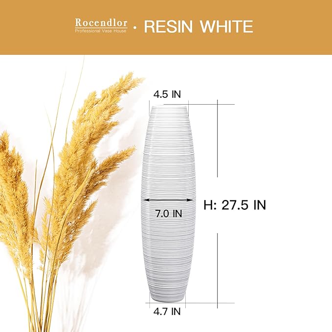 Tall Floor Vase, 27.5 inches (70cm, 2.3FT) Floor Vase Sturdy and Luxurious,Tall Vases for Country Home Decor, Living Room, Resin White Vases