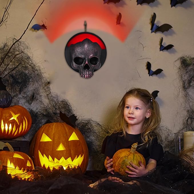 WONDER GARDEN 7.68 inch Halloween Skull Hanging Wall Decorations Light up Resin Red Gothic Skeleton Halloween Creepy Sculptures Sign for Indoor Outdoor Office Horror Home Wall Door Decor