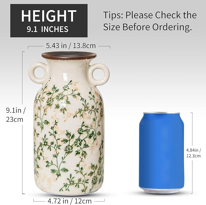 Vintage Pastoral Vase with Handles, Green and Beige Retro Ceramic Flower Vase, Rustic Farmhouse Vases Chinoiserie Floral Large Vase for Home Decor, Living Room, Kitchen, Bedroom and Shelf 9.1 Inch
