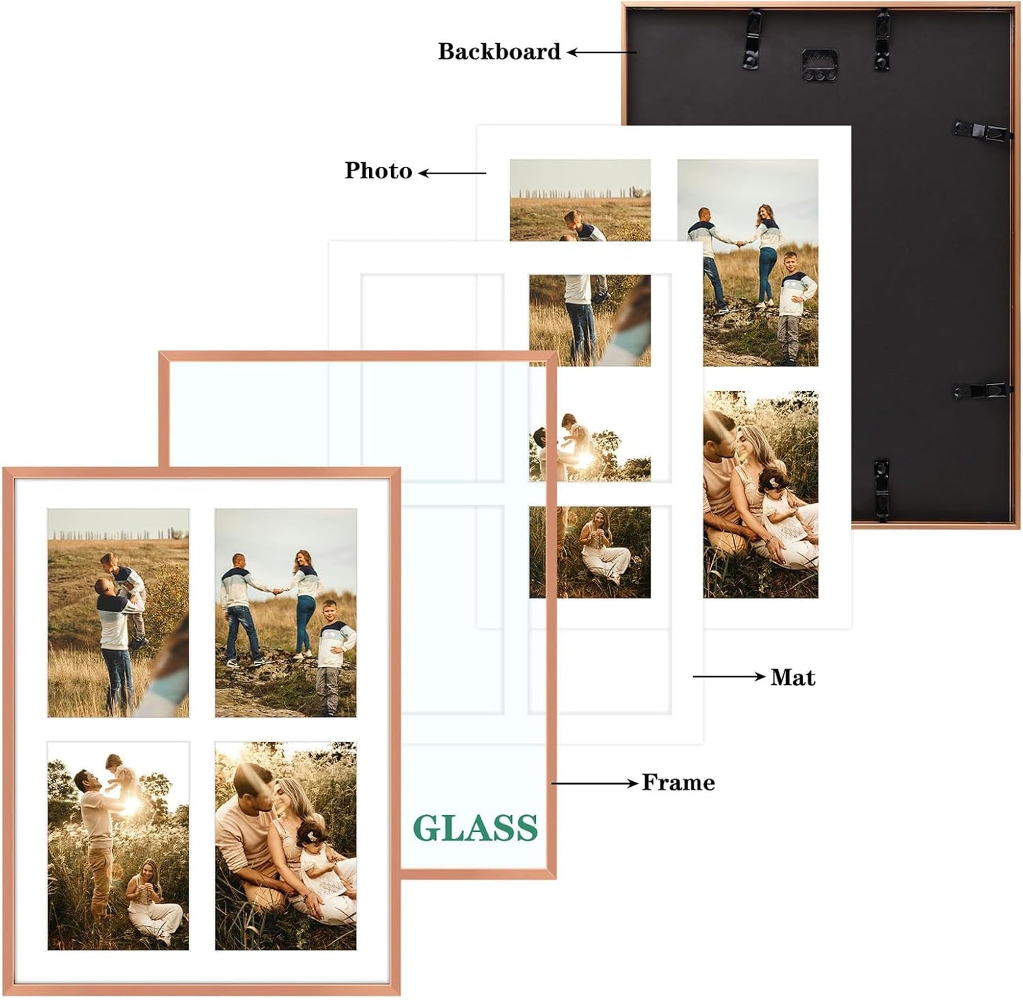 Frametory - 12x16 Aluminum Collage Picture Frame - Display 5x7 Pictures with 4 Openings Mat - Real Glass Front - Horizontal/Vertical Wall Mount - Rose Gold 1 Pack