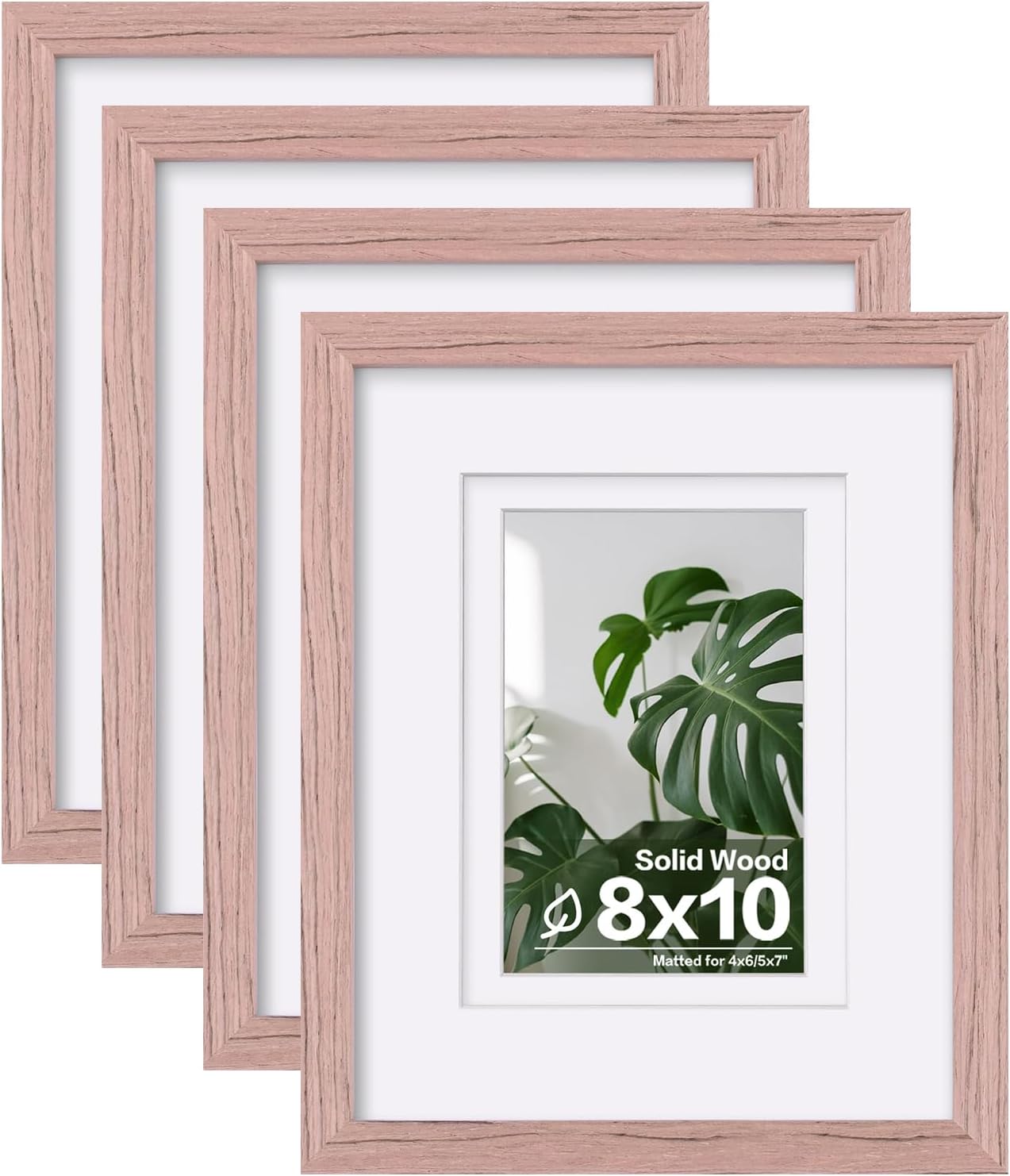 Egofine 8x10 Picture Frames Set of 4, Made of Solid Wood Covered by Plexiglass 4x6 and 5x7 with Mat or 8x10 without Mat, for Table Top Display and Wall Mounting Photo Frame Peach Pink