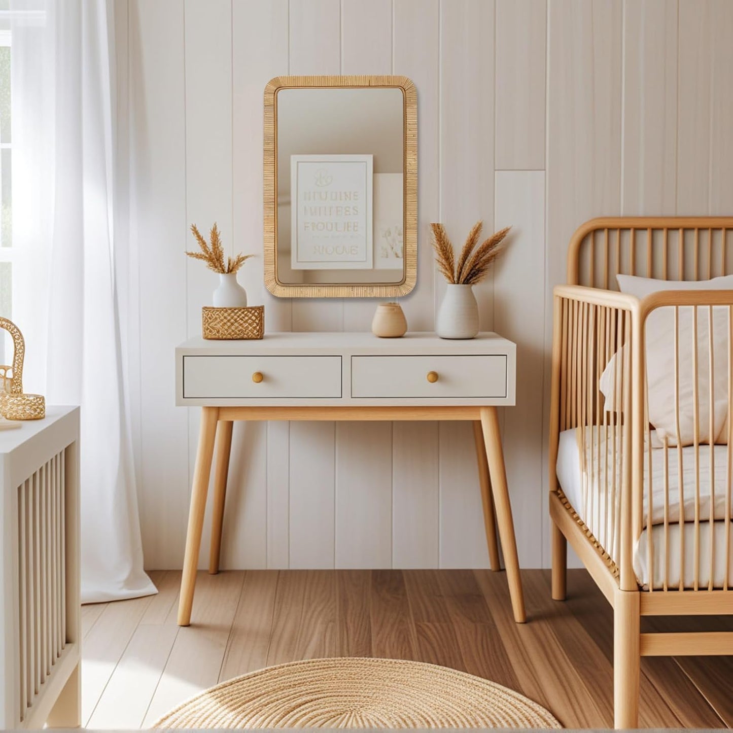 FUIN 20" x 30" Rattan Wicker Rectangle Wall Mounted Bathroom Mirror for Coastal Boho Nursery Decor, Natural