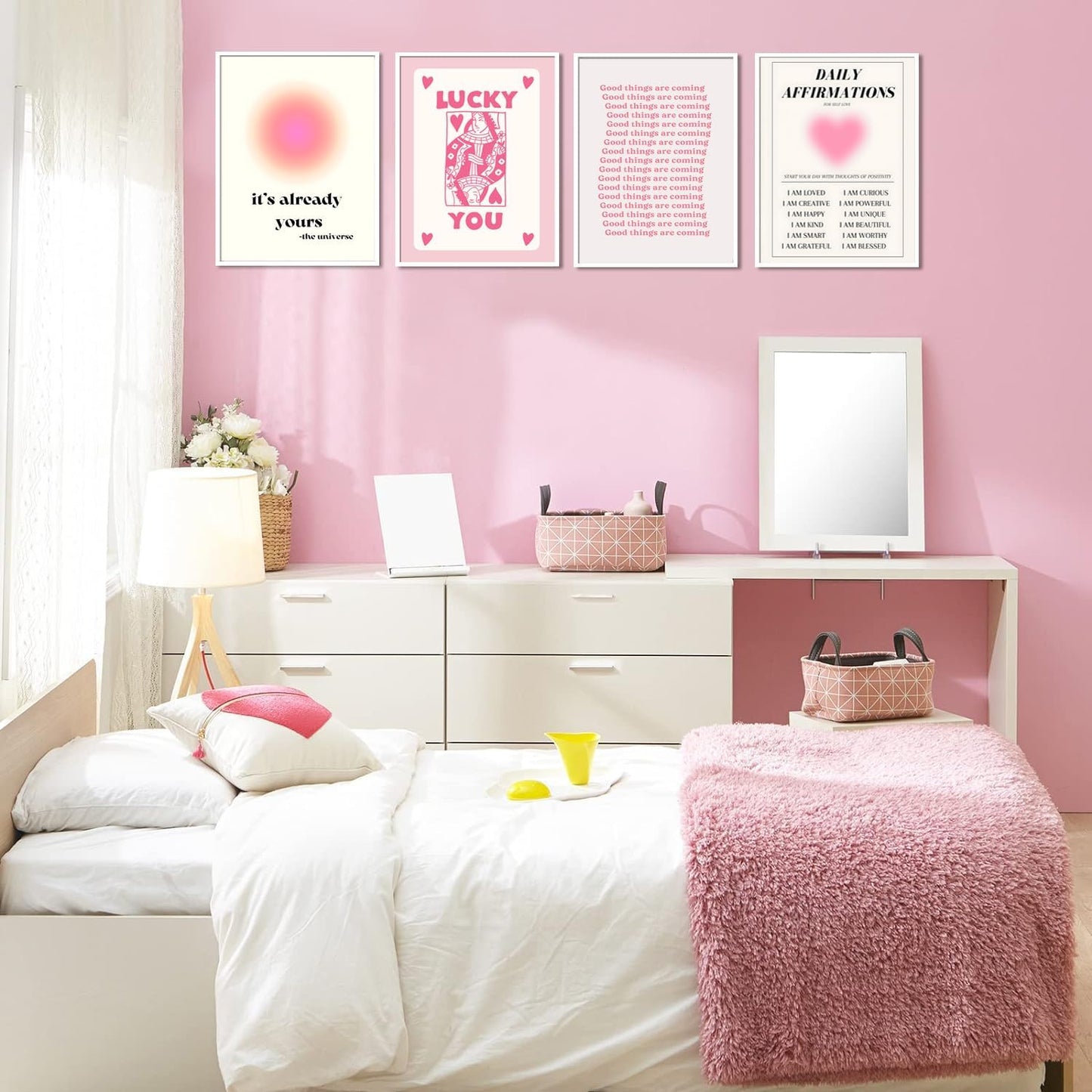 Hwetui Preppy Pink Aura posters Daily Affirmations Wall Art Trendy Y2K Canvas Prints Cute Lucky You Painting Retro Aesthetic Room Decor Picture for College Dorm Bedroom 12x16Inch Set of 4 Unframed