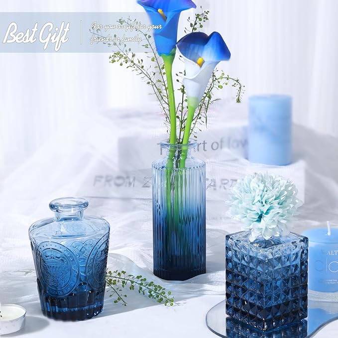 24Pcs Blue Glass Bud Vases Set, Small Vases for Flowers, Perfect for Centerpieces at Parties, Baby Showers, Weddings, Events, Graduation Season, Great Gifts for Office & Home Décor