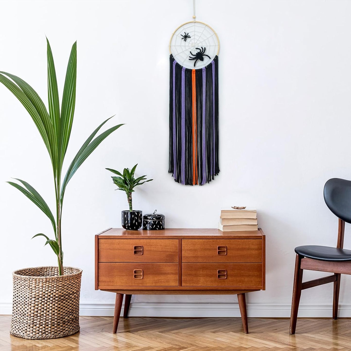 LB Purple Halloween Black Macrame Wall Hanging Spooky Spider Wall Decor Beige Spider Web Purple Black Woven Tassels Tapestry Yarn Macrame Wall Art for Living Room Bedroom Dorm Nursery Home Decoration