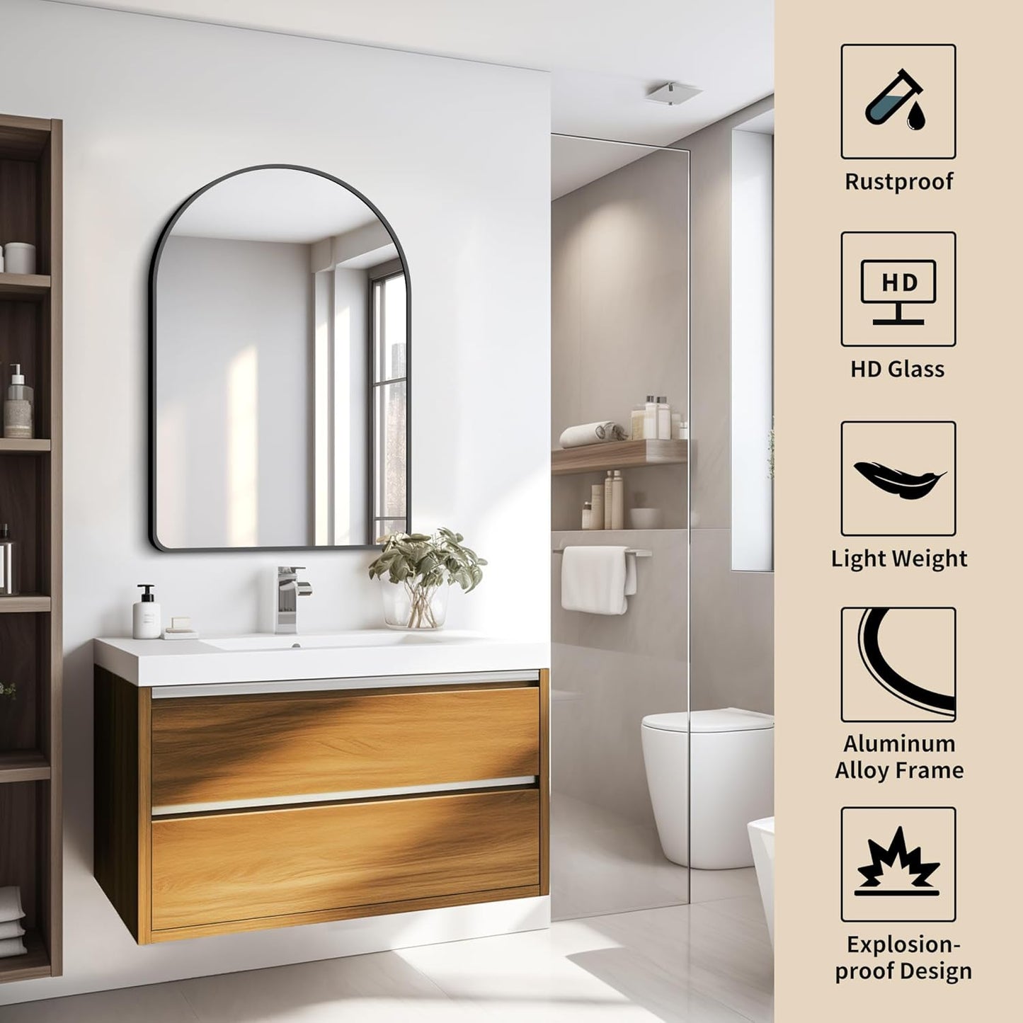 FORBATH Arched Bathroom Mirror 20x28 Inch, Bathroom Mirror Wall Mounted Modern Black Aluminum Alloy Frame Decor Dresser Mirror for Bedroom Living Room Entryway, Hanging or Leaning Against Wall