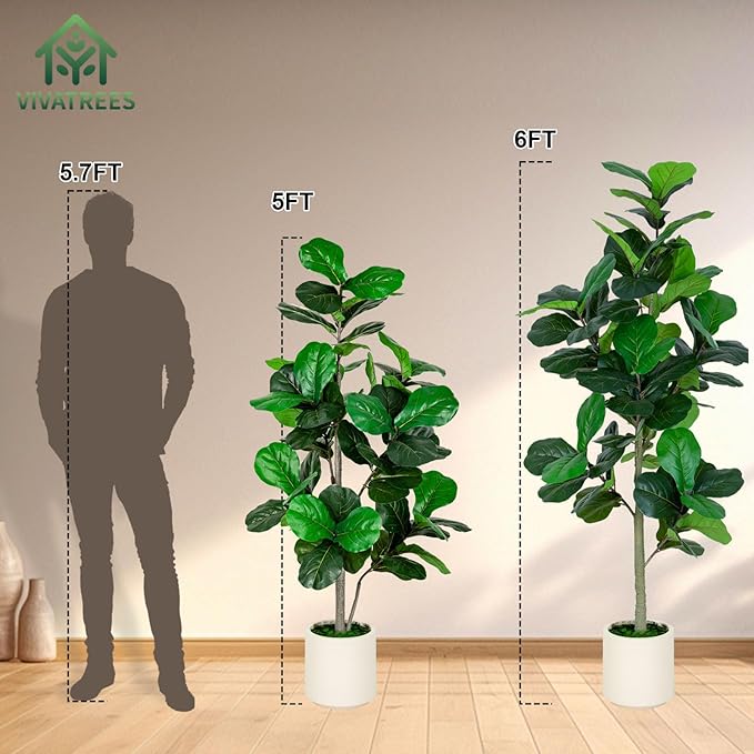 5FT Fiddle Leaf Fig Artificial Tree with White Planter Pot,Faux Floor Plant, Indoor and Outdoor Fake Plants for Home Office Decor