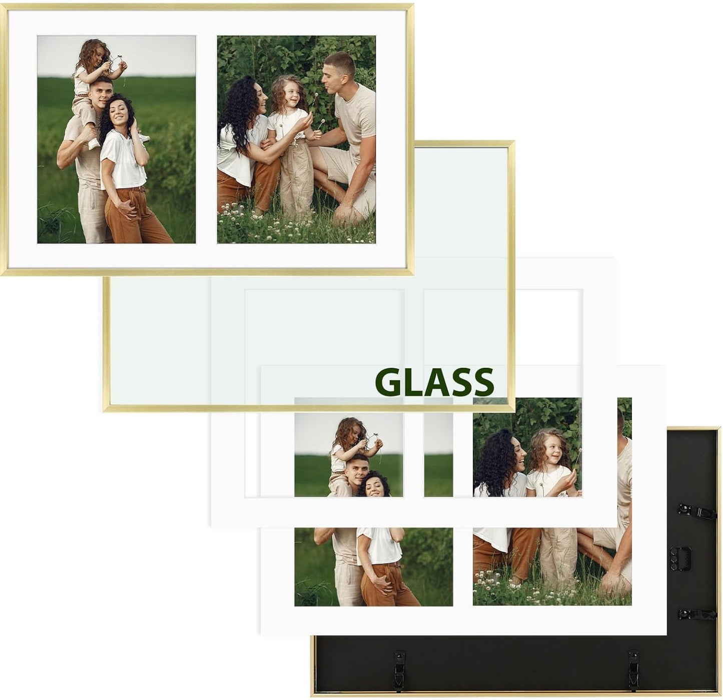 Frametory - 12x19 Aluminum Collage Picture Frame - Display 8x10 Pictures with 2 Openings Mat - Real Glass Front - Horizontal/Vertical Wall Mount - Gold 1 Pack