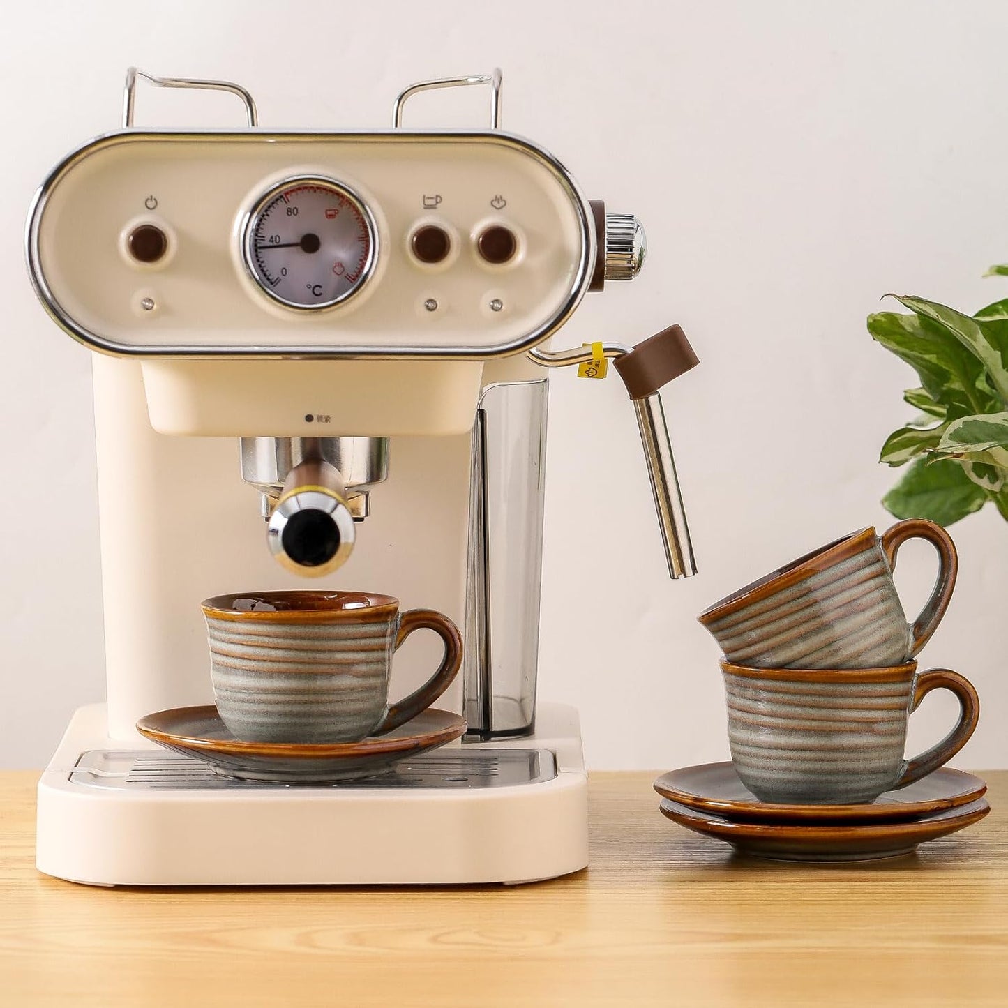 Hasense Espresso Cups with Saucers, 4 oz Small Ceramic Espresso Coffee Mugs Set of 4, Cute Cappuccino Cup Set, Demitasse Cups Perfect for Espresso Shots, Cappuccino, Tea-Grey Brown