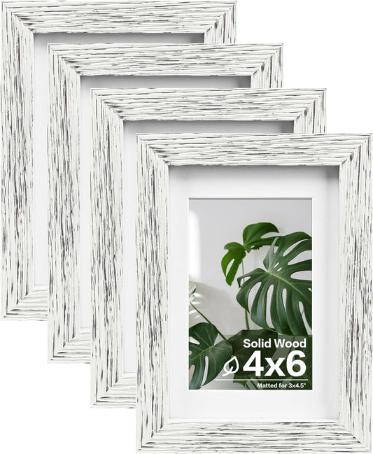Egofine 4x6 Picture Frames Set of 4, Made of Solid Wood Covered by Plexiglass 3.5x5 with Mat or 4x6 without Mat, for Table Top Display and Wall Mounting Photo Frame Driftwood White