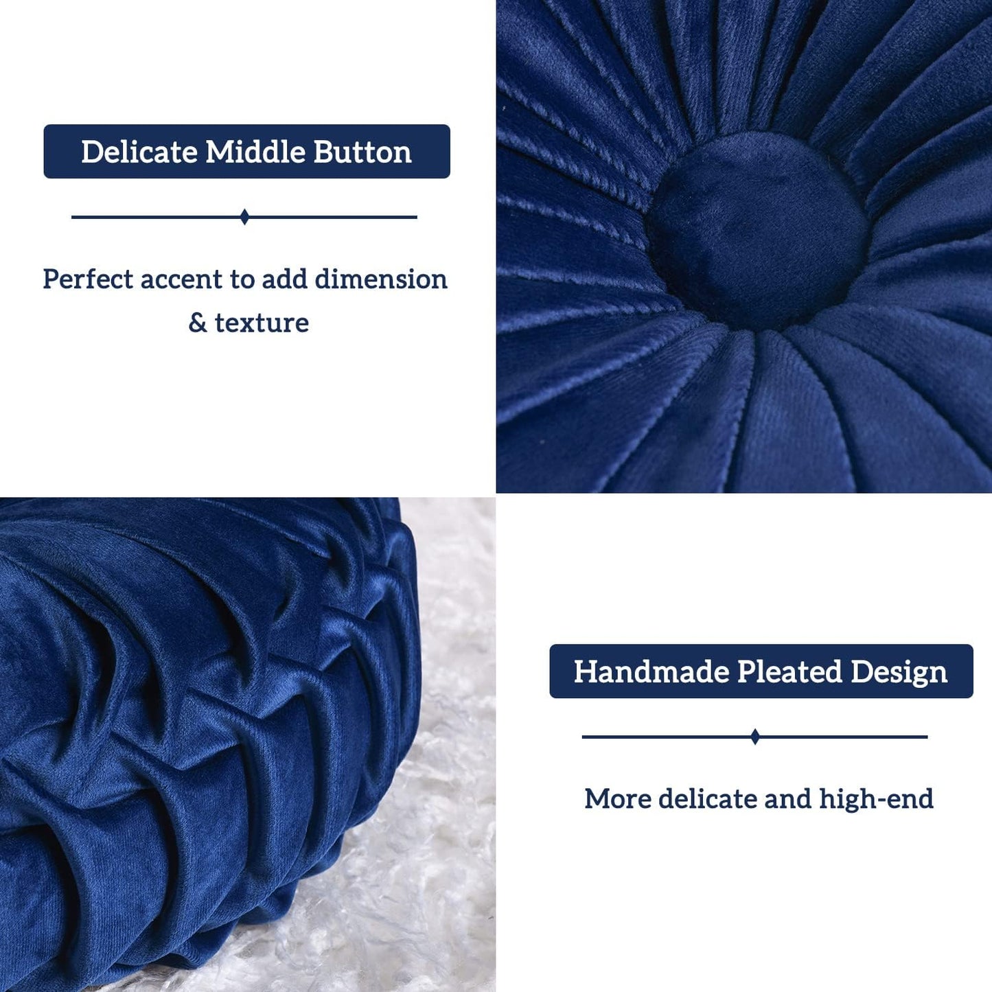 HIG Set of 2 Decorative Round Pleated Throw Pillows, Classy Accent Pumpkin Throw Pillows with Center Button, Vintage Velvet Floor Pillows for Sofa Couch Vanity Chair Bed, Navy, 14.5" Diameter(Ripple)