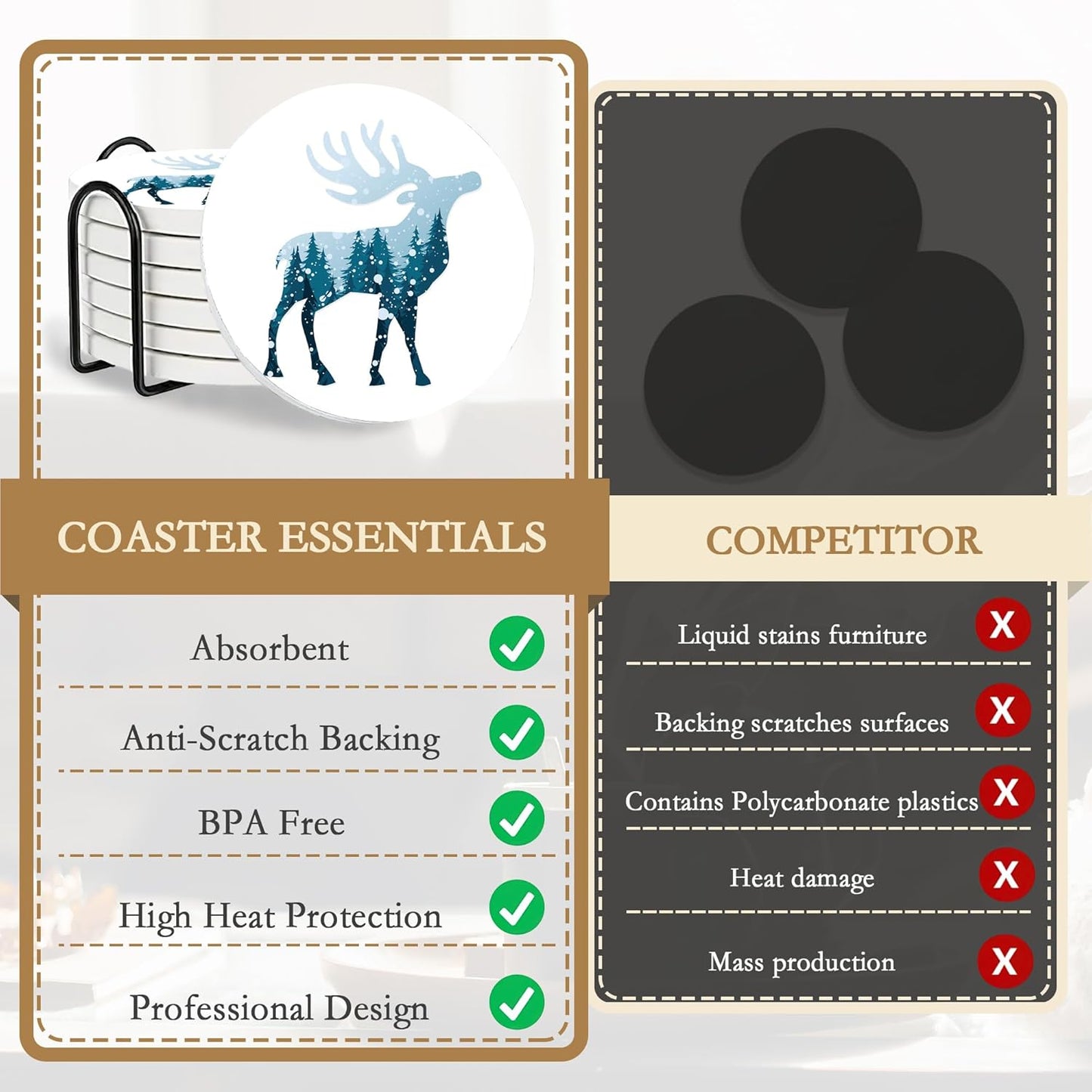 Drink Coasters with Holder,6 Pcs Deer Misty Forest Absorbent Ceramic Coasters with Cork Base,Cute Funny Table Drinks Coasters,Table Home Decor,4 Inches