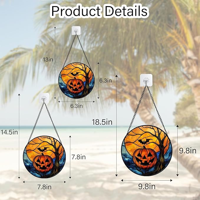 Stained Glass Window Hanging, Pumpkin Bat Moon Tree Suncatcher for Doors Home Sun Catchers Decoration and Christmas, Mother's Day Birthday Gifts for Women, Men, and Mom 11.8x11.8 in