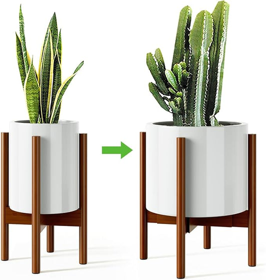 MUDEELA 14.5 Inch Tall Plant Stand for Indoor, Adjustable Width Bamboo Plant Stand for 8 9 10 11 12 Inches Pot, Single Tier Planter Holder Floor Stand, Mid Century Modern Style, Dark Brown, Without Pot