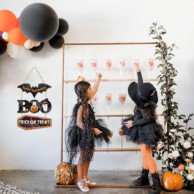 HOURIA Happy Halloween Wooden Sign(11.4”x14.6”),Halloween Boo Wall Decor,Cute Ghost Black Cat Pumpkin Door Hanger,Trick or Treat Wall Hanging Door Sign for Party Front Door Home Indoor Outdoor Yard