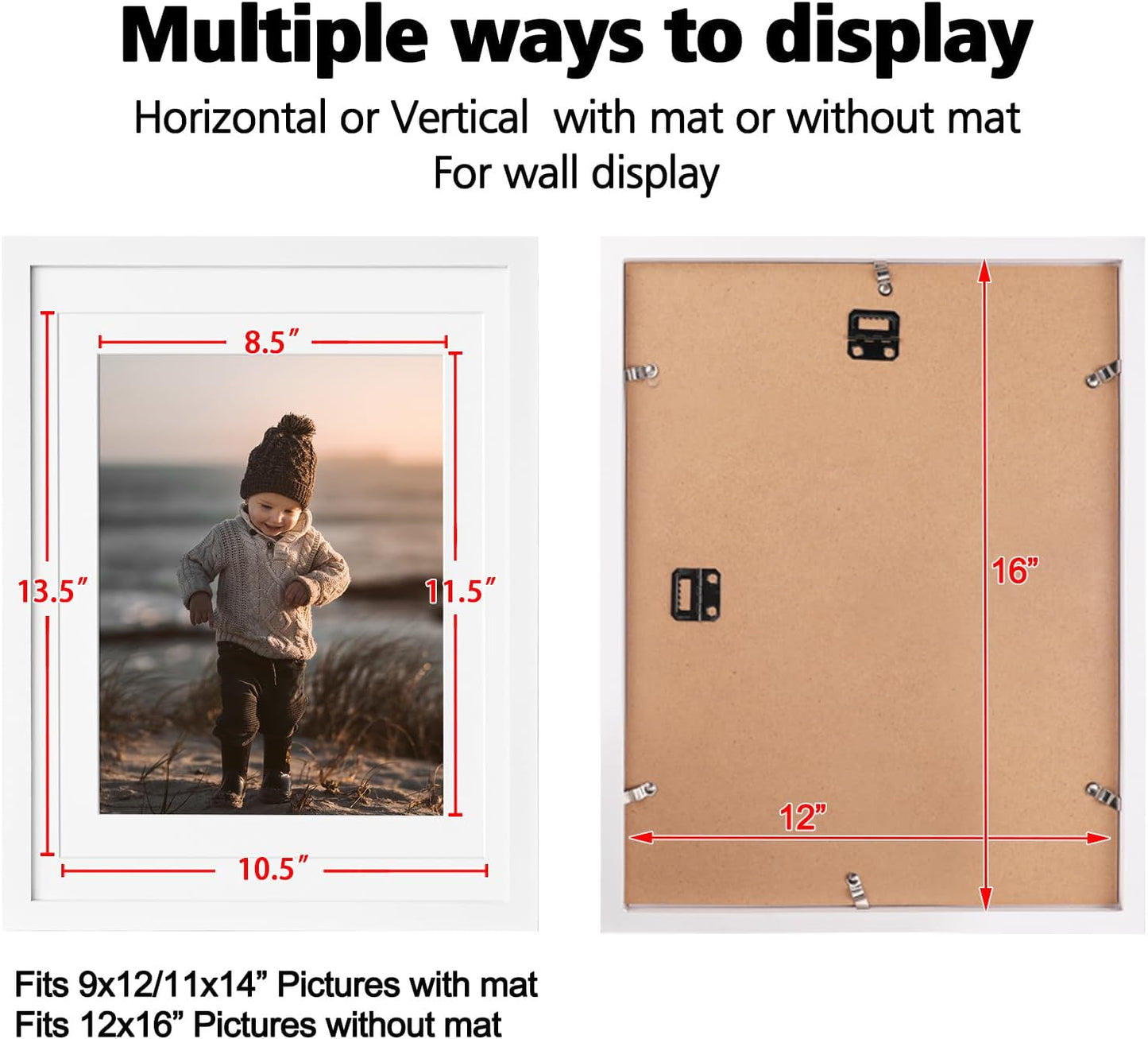 KINLINK 12x16 Picture Frame White - Solid Wood Frames with Acrylic Plexiglass for Pictures 11x14/9x12 with Mat or 12x16 without Mat, Wall Display Photo Frame, Set of 4