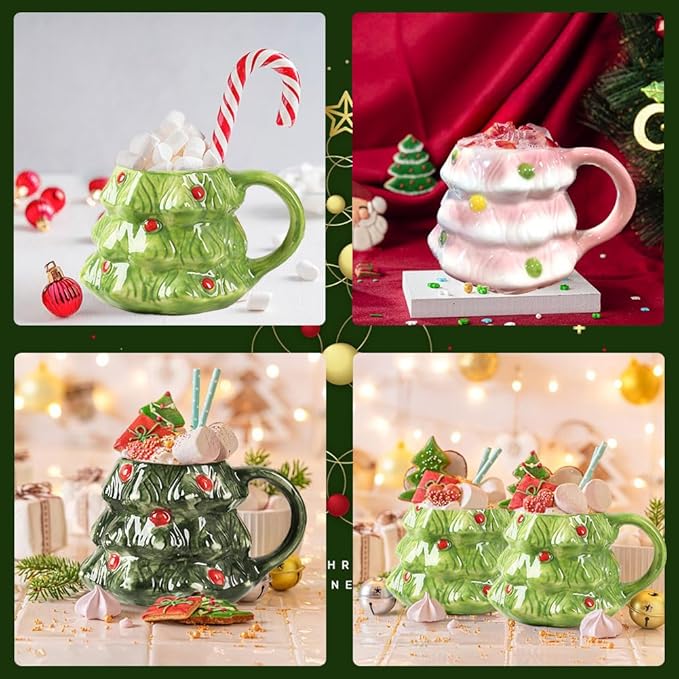 15oz Christmas Tree Mug with Lid Cute Ceramic Xmas Tree Coffee Mug Adorable Festive Ceramic Coffee Cup Winter Xmas Holiday Birthday Tabletop Drinkware Teacup Gifts for Adults Kids Women