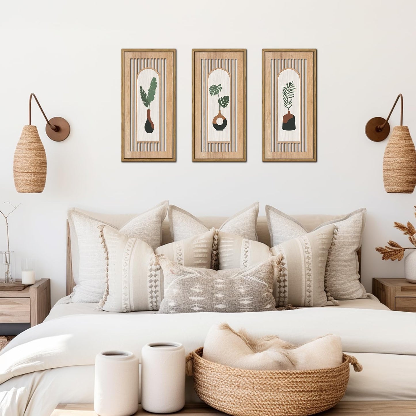 KAIRNE Boho Wooden Wall Art,Abstract Minimalist Wall Art Set of 3(8X16),Modern Aesthetic Botanical Artwork,Green Bohemian Decor,Mid-Century Design for Living Room Bedroom Office Farmhouse Decor,Framed