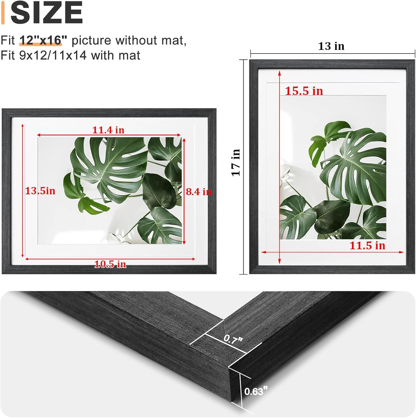 Egofine 12x16 Picture Frames Set of 4, Made of Solid Wood Covered by Plexiglass 9x12 and 11x14 with Mat or 12x16 without Mat, for Wall Mounting Photo Frame Rustic Black
