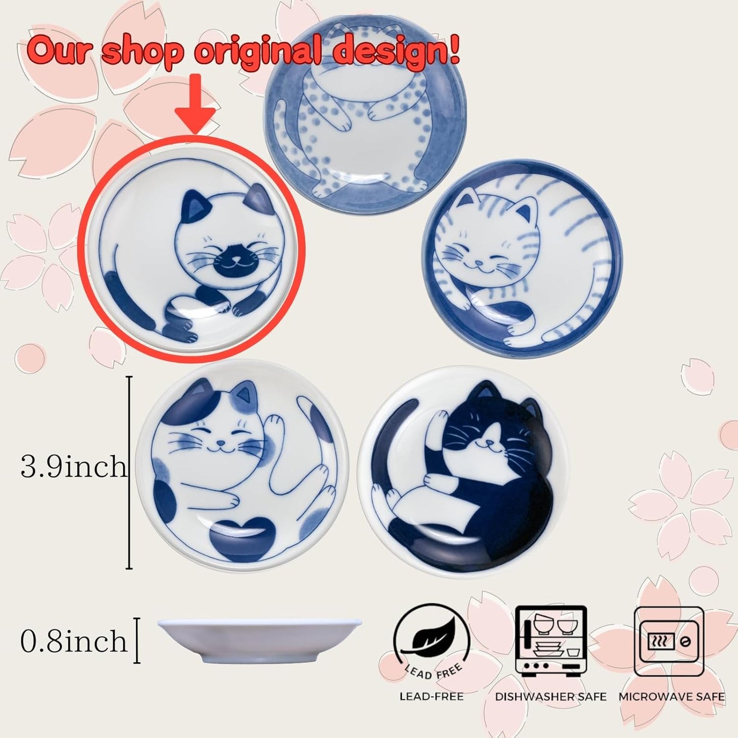 Dessert Sushi Soy Sauce Salad Small Plate Set Ceramic Cats Design Set of 5 Made In Japan Sleeping Cat