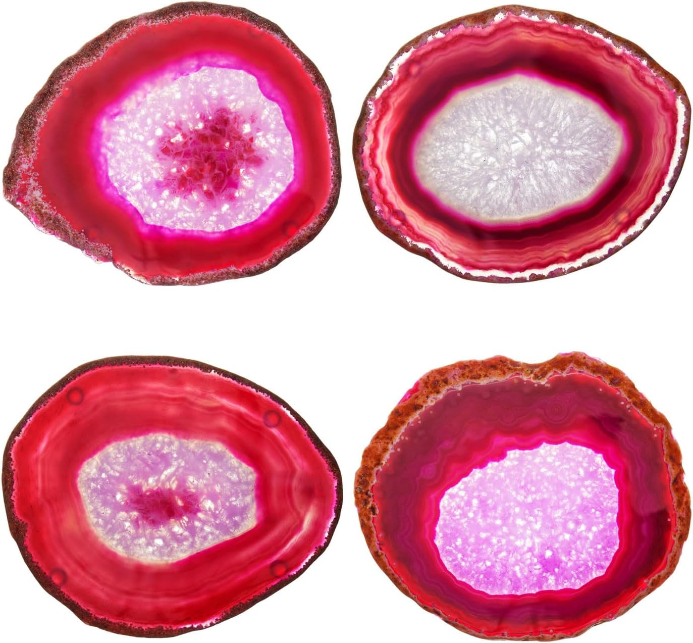 Luxury Lane Set of 4 Large Natural Brazilian Agate Slice Geode Rock Stone Drink Coasters with Wood Holder 4.3-4.7 inch Centerpiece Table Decoration, Rose Pink
