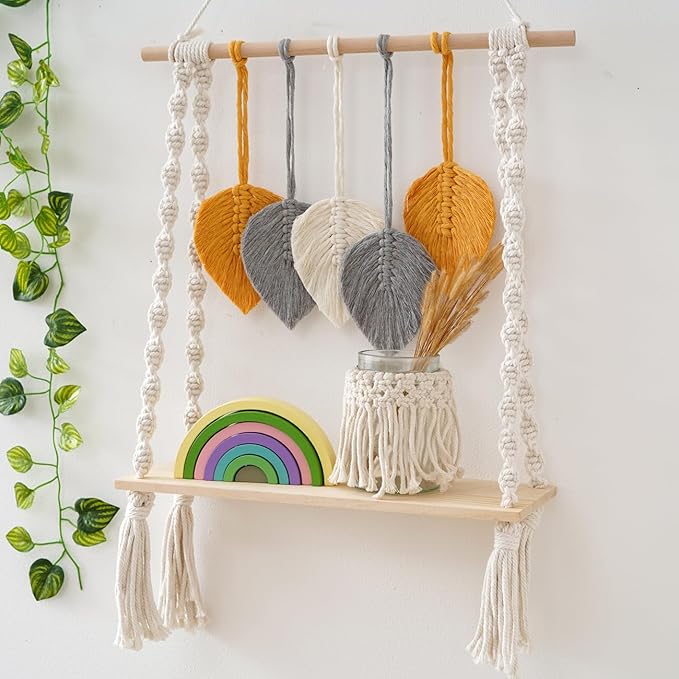 Macrame Wall Hanging Shelf, Bohemian Woven Tapestry Chic Woven Leaf Tassels Home Deco, Boho Handmade Wall Art Floating Shelf for Living Room, Bedroom, Nursery Backdrop, Apartment (White+Yellow+Grey)