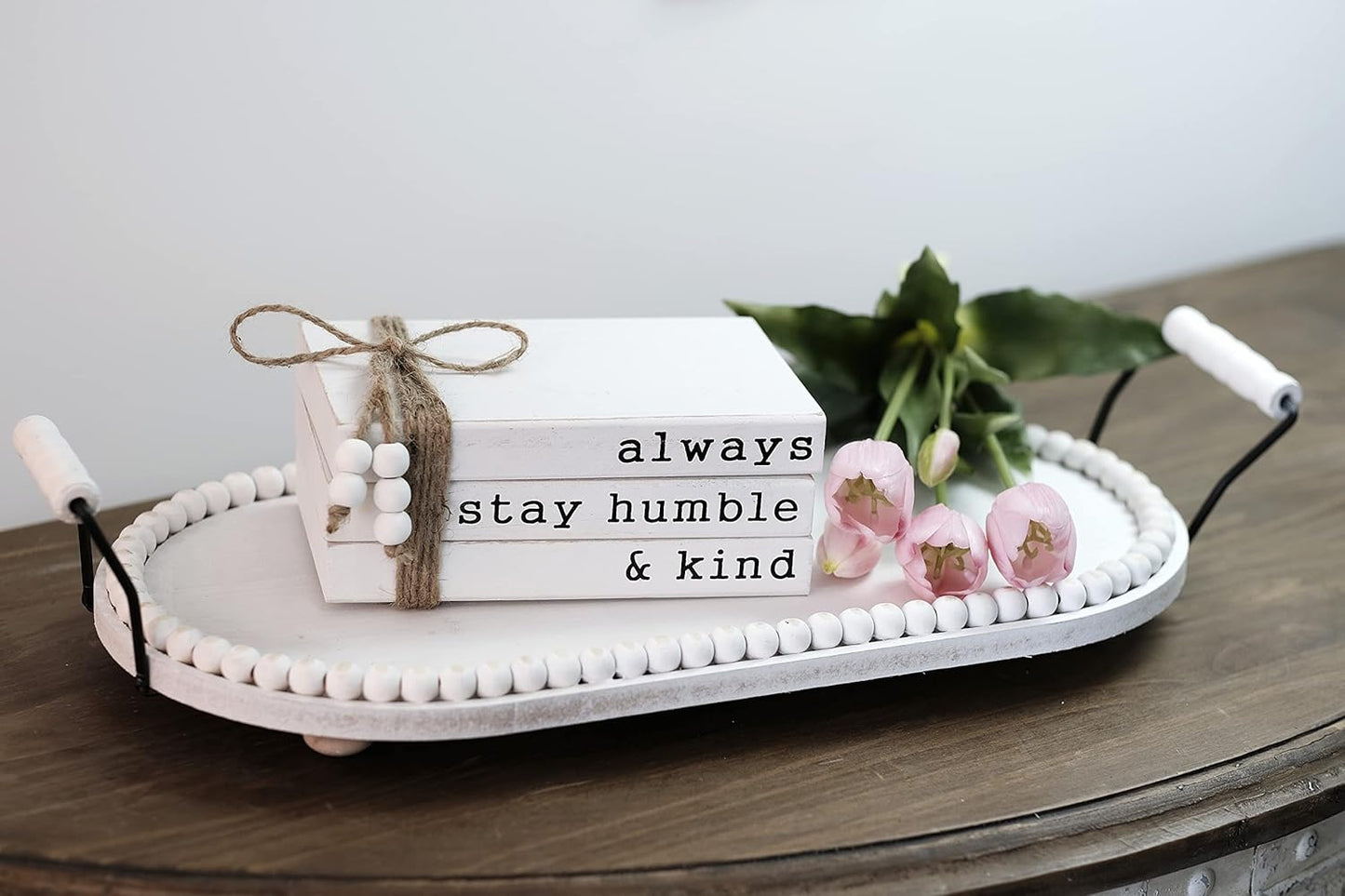 Lavender Inspired Farmhouse Book Decor-Always Stay Humble and Kind Sign-Book Shelf Decor-3 Pieces Faux Wooden Book Stack for Coffee Table Decor-Living Room Decor-Fireplace mantle table decor