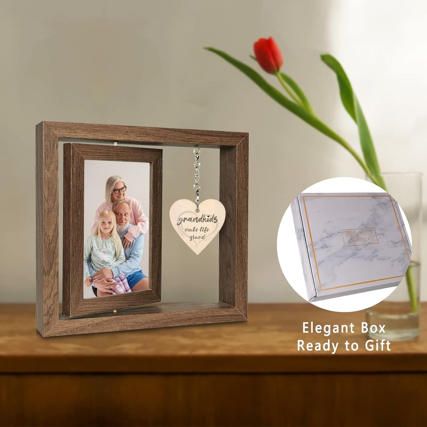 Grandkids Make Life Grand Grandparents Picture Frame, Rotating Floating Grandkids Photo Frame for Christmas Birthday, Display Two 4x6
