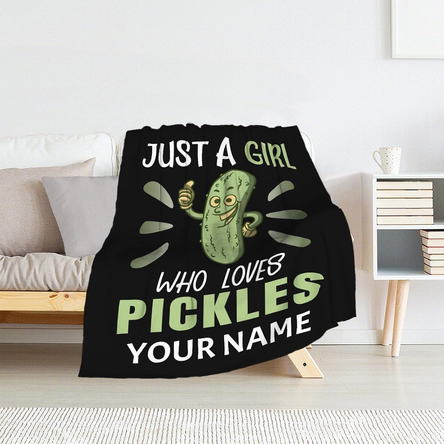 Custom Pickle Blanket for Girls - 40x50 Inches Flannel Throw with Name - Soft Fuzzy Plush Throws Gift - Black Novelty Blanket for Couch, Sofa
