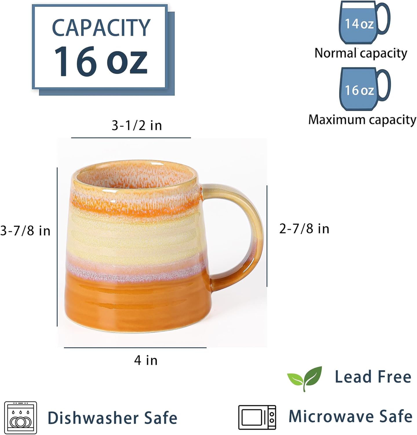 Large Ceramic Coffee Mugs, Handmade Pottery Mug, Tea Cups with Handle for Office and Home, 16 Ounces, Dishwasher and Microwave Safe (Orange)