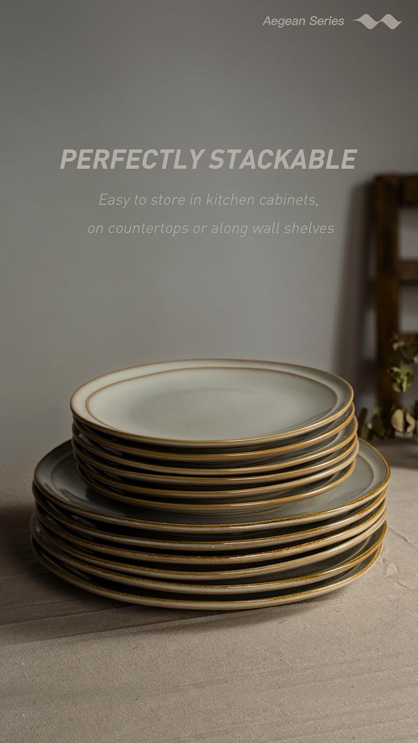 famiware Aegean Dinner Plates Set for 6, 10.5-Inch Scratch Resistant Stoneware Dinnerware Dish Set - Microwave and Dishwasher Safe, Reactive Glaze, Cappuccino White