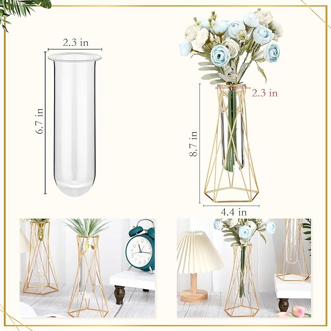 4 Pcs Gold Geometric Vase for Centerpieces Metal Flower Stand with Glass Cylinder Hydroponic Plant Flower Vase for Home Floor Office Wedding